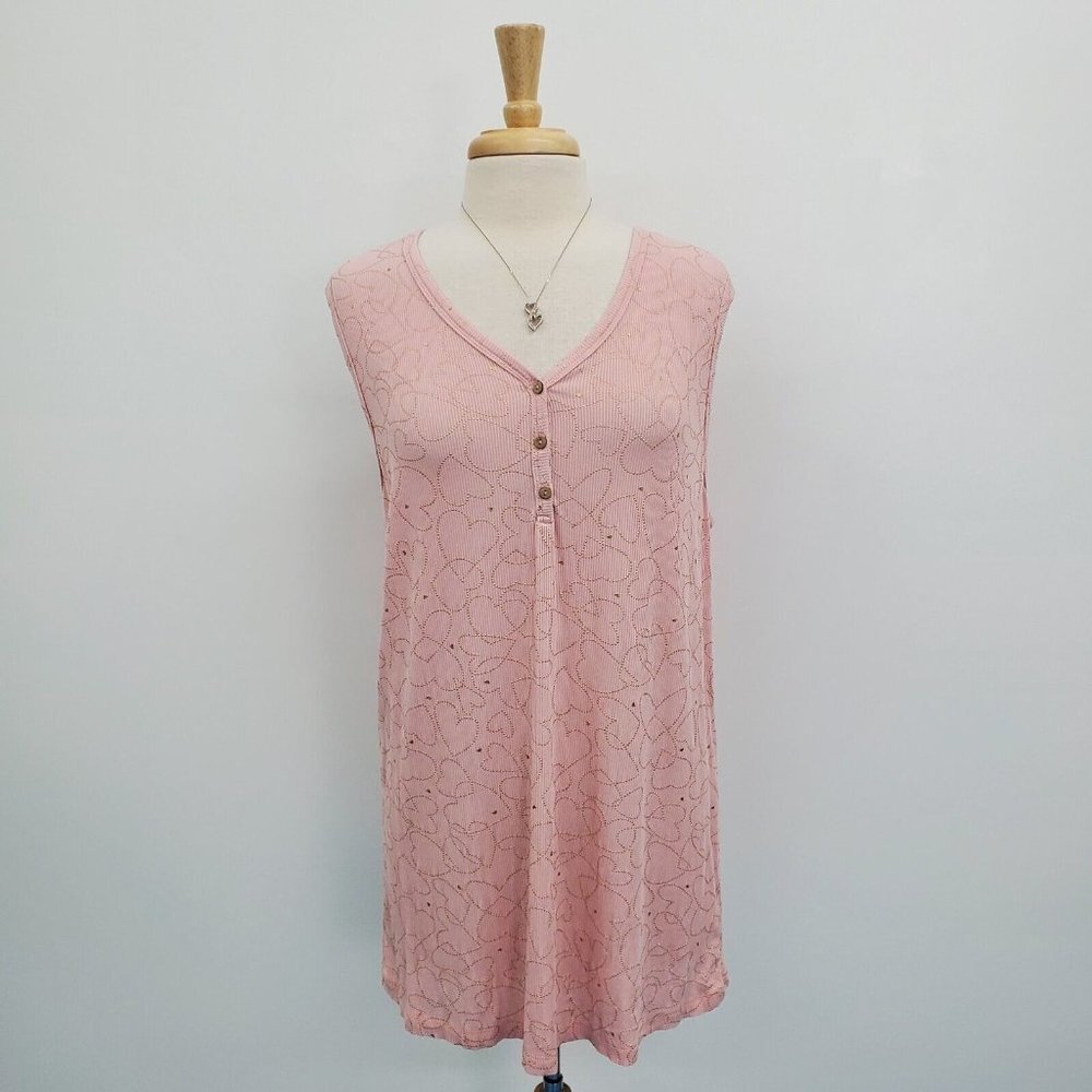 Michelle Mae Womens Sleeveless Heart Print Tank Top Size 2XL Pink Ribbed V-Neck